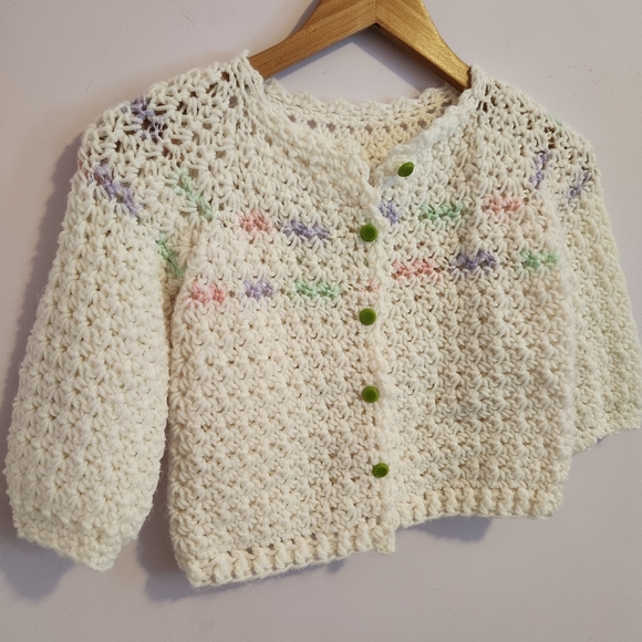 Handmade Handknitted Little Girls Pastel Button Cardigan Sweater - Picture 3 of 12